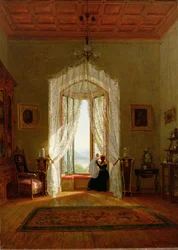 Una finestra, casa sul fiume
