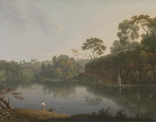Paesaggio con lago e barche