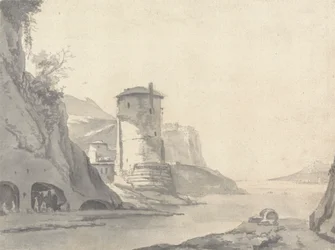 Un villaggio in una insenatura costiera rocciosa (italiana?) con torre rotonda sulla riva sinistra