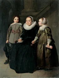 Ritratto di dama a figura intera, seduta, in abito nero con gorgiera e cuffia bianche, con un fazzoletto in mano, con il figlio in farsetto grigio e la figlia in abito verde, 1635