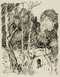 Paesaggio boscoso con vagabondo