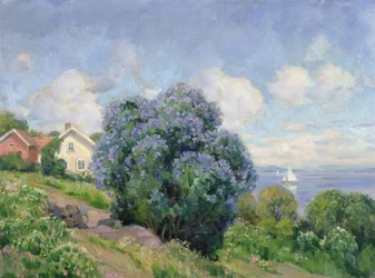 Paesaggio estivo con cespuglio di lillà, casa e barca a vela