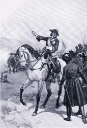 Pietro il Grande alla battaglia di Pultowa, illustrazione da Landmarks in European History pubblicato da Gresham Publishing Co, c.1920