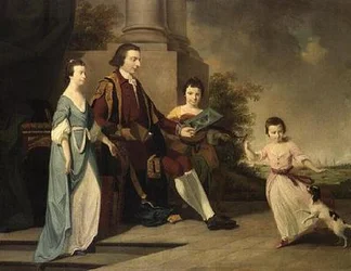 Thomas Noel, 2° Visconte Wentworth, seduto con le sue tre sorelle, Judith, Elizabeth e Sophia, su una terrazza con Oxford dietro