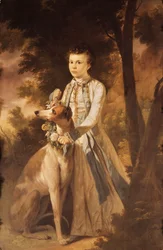 Ritratto di John Graham, da bambino, a figura intera, in abito indiano che tiene una ghirlanda di fiori intorno al collo di un levriero al suo fianco, in un paesaggio