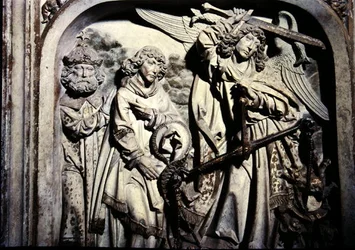 Tomba di Enrico II (973-1024) e sua moglie Cunegonda, (dettaglio) della pesatura del cuore di Enrico II alla presenza di San Lorenzo