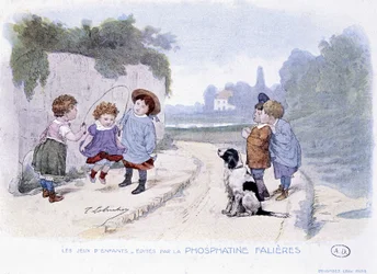 Giochi per bambini: Ragazze che giocano alla corda - dis. di Lobrichon, ed. da Phosphatine Falières, ca. 1920