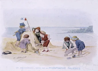 Giochi dei bambini: bambini che costruiscono un castello di sabbia - dis. di Lobrichon, ed. da Phosphatine Falières, circa 1920