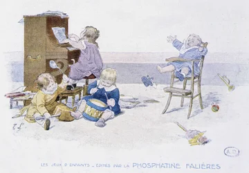 Giochi per bambini: bambini che suonano vari strumenti musicali - dis. di Lobrichon, ed. da Phosphatine Falières, ca. 1920
