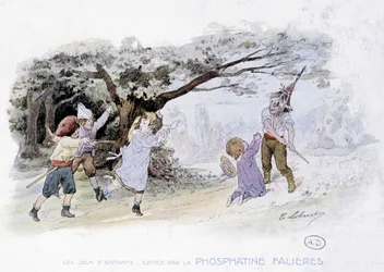 Giochi dei bambini: bambini che giocano alla guerra, soldati - dis. di Lobrichon, ed. da Phosphatine Falières, circa 1920