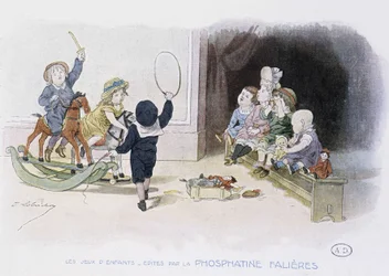 Giochi per bambini: bambini con diversi giocattoli (cerchio, cavallo a dondolo, bambole...) - dis. di Lobrichon, ed. da Phosphatine Falieres, circa 1920