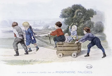Giochi per bambini: cavalli e carrozza - dis. di Lobrichon, ed. da Phosphatine Falières, ca. 1920