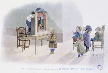 Giochi dei bambini: burattini (Guignol?) - dis. di Lobrichon, ed. da Phosphatine Falières, circa 1920