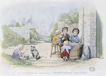 Giochi per bambini: il gioco della pesca in un secchio - dis. di Lobrichon, ed. da Phosphatine Falières, ca. 1920