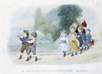Giochi per bambini: corteo nuziale, bambini travestiti da spose - dis. di Lobrichon, ed. da Phosphatine Falières, circa 1920