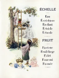 Lettere E e F che rappresentano bambini che cuociono arance, fine XIX secolo (cromolitografia)
