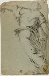 Mosè che cammina verso sinistra, indicando con la mano sinistra