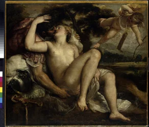 Marte, Venere e Cupido. Dipinto di Tiziano Vecelli o Vecellio, detto anche Tiziano da Cador, detto Tiziano o Le Titien (circa 1490-1576), olio su tela, circa 1530. Arte italiana (Venezia)