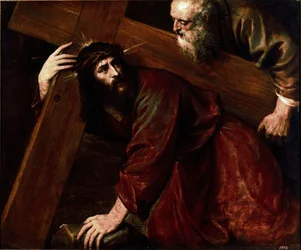 Cristo e Simone di Cirene - Simone di Cirene aiuta Gesù a portare la sua croce. Dipinto di Tiziano Vecellio, detto Tiziano (1485-1576)