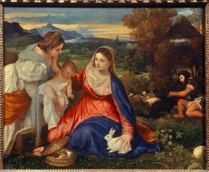 La Vergine col Bambino e santa Caterina o La Vergine con il coniglio. Dipinto di Tiziano Vecellio, detto Tiziano (1485-1576), XVI secolo. H. 0,71 x 0,87 m, Parigi
