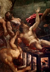 Il martirio di san Lorenzo - Supplizio di san Lorenzo sulla graticola nel 258 a Roma. Dettaglio. Dipinto di Tiziano Vecellio, detto Tiziano (ca. 1490-1576), 1548-1559. 500x280 cm. Venezia, Chiesa dei Gesuiti