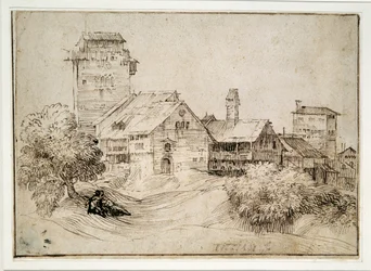 Paesaggio con edifici e amanti, abbracciati, dopo Tiziano (penna e inchiostro marrone su carta)
