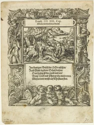 Mosè e il roveto ardente (recto) e Il bambino Mosè messo nel fiume (verso) da Neue künstlerische Figuren biblischer Historien, tavola 55 da xilografie da libri del XVI secolo