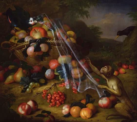 Frutta mista con una scimmia, un pappagallo, una ghiandaia e due fringuelli in un paesaggio