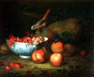 Natura morta di frutta con un fringuello