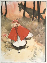Cappuccetto Rosso mentre si reca dalla nonna osservata da un lupo sinistro e minaccioso. Illustrazione di Tom Browne (1872-1910) per la fiaba. Pubblicato nel 1900