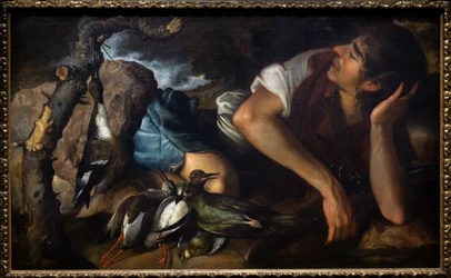 Cacciatore addormentato in un paesaggio