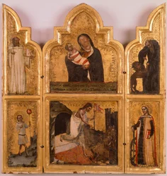 Polittico in legno dorato con Vergine e Bambino, la resurrezione di Cristo e Santi