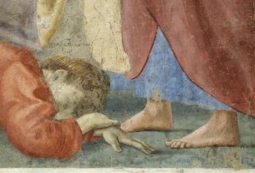 San Pietro distribuisce i beni comuni della Chiesa e la morte di Anania (dettaglio di Anania morto ai piedi di San Pietro)