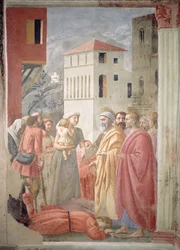 San Pietro distribuisce i beni comuni della Chiesa e la morte di Anania, c.1427