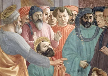La resurrezione del figlio di Teofilo, re di Antiochia (dettaglio di SS. Pietro e Paolo e volti nella folla)