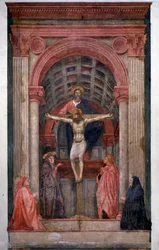 La Trinità: Dio Padre sostiene Gesù Cristo crocifisso, circondato da san Giovanni, dalla Vergine Maria e da due donatori - Affresco