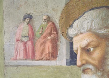 San Pietro guarisce uno storpio e la resurrezione di Tabita (dettaglio della testa di San Pietro con due figure sedute in lontananza)