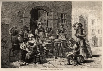 Il mercante di maccheroni, disegno di Bergue, per illustrare Napoli e i napoletani, nel 1861, di Marc Monnier (1829-1885). Incisione in "Le tour du monde" 1861. Collezione Selva