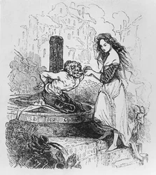 Esmeralda dà da bere a Quasimodo, illustrazione da „Notre-Dame de Paris“ di Victor Hugo