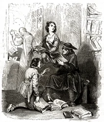 Il prete Pero Perez e il barbiere Nicolas ispezionano i libri della biblioteca di Don Chisciotte, 1850 circa (illustrazione)