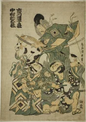 Gli attori Ichikawa Ebizo I come Miura Osuke, Ichikawa Danjuro IV come Okazaki Akushiro e Nakamura Sukegoro I come Kato Arajiro nella commedia "Miura no Osuke Bumon no Kotobuki", rappresentata al Teatro Nakamura nell