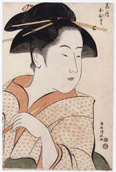 Ritratto a busto di Ohisa del Takashimaya che tiene una pipa da tabacco