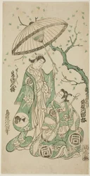 Gli attori Sanogawa Ichimatsu I come Soga no Goro e Ikushima Daikichi II come Kewaizaka no Shosho nella commedia "Monzukushi Nagoya Soga," rappresentata al Teatro Ichimura nel primo mese, 1748