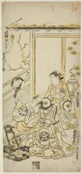 Gli attori Tamazawa Saijiro I come Oiso no Tora e Ichimura Uzaemon VIII come Soga no Juro nella commedia "Haru wa Akebono Kuruwa Soga," rappresentata al Teatro Ichimura nel primo mese, 1743