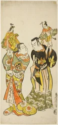 Gli attori Yamashita Kinsaku I e Hayakawa Hatsuse come burattinai nella commedia "Diario tenuto durante un viaggio per mare a Izu" ("Funadama Izu Nikki"), rappresentata al Teatro Nakamura nel primo mese, 1725