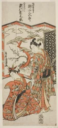 Gli attori Sakakiyama Sangoro nel ruolo del paggio Kichisaburo e Segawa Kikunojo II nel ruolo di Oshichi nella commedia "Hatsugai Wada no Sakamori", rappresentata al Teatro Nakamura nel primo mese del 1759.