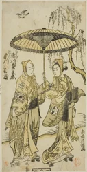 Gli attori Segawa Kikunojo II nel ruolo di Ohatsu e Ichikawa Yaozo II nel ruolo del suo amante Tokubei nella commedia "Yoni Osaka Nitsui no Meoto", rappresentata al Teatro Ichimura nel secondo mese del 1767.