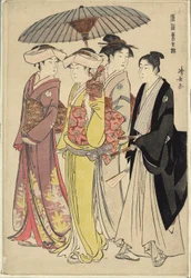 Una signora con tre servitori, dalla serie "Un broccato di maniere orientali (Fuzoku Azuma no nishiki)"