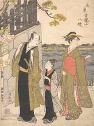Un uomo con un ragazzo e una geisha che visitano il tempio di Kinryusan