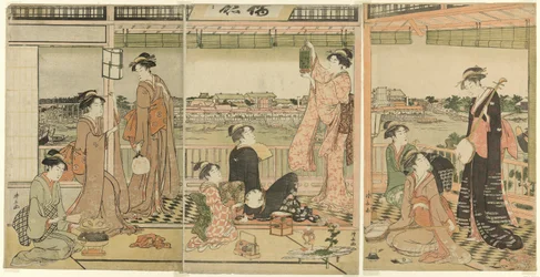 Una festa che osserva la luna attraverso il fiume Sumida